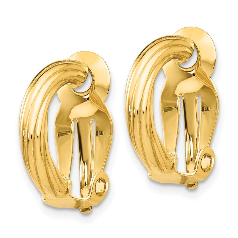 14k 3x16mm Ribbed Half Hoop Omega Back Non-Pierced Earrings Z915