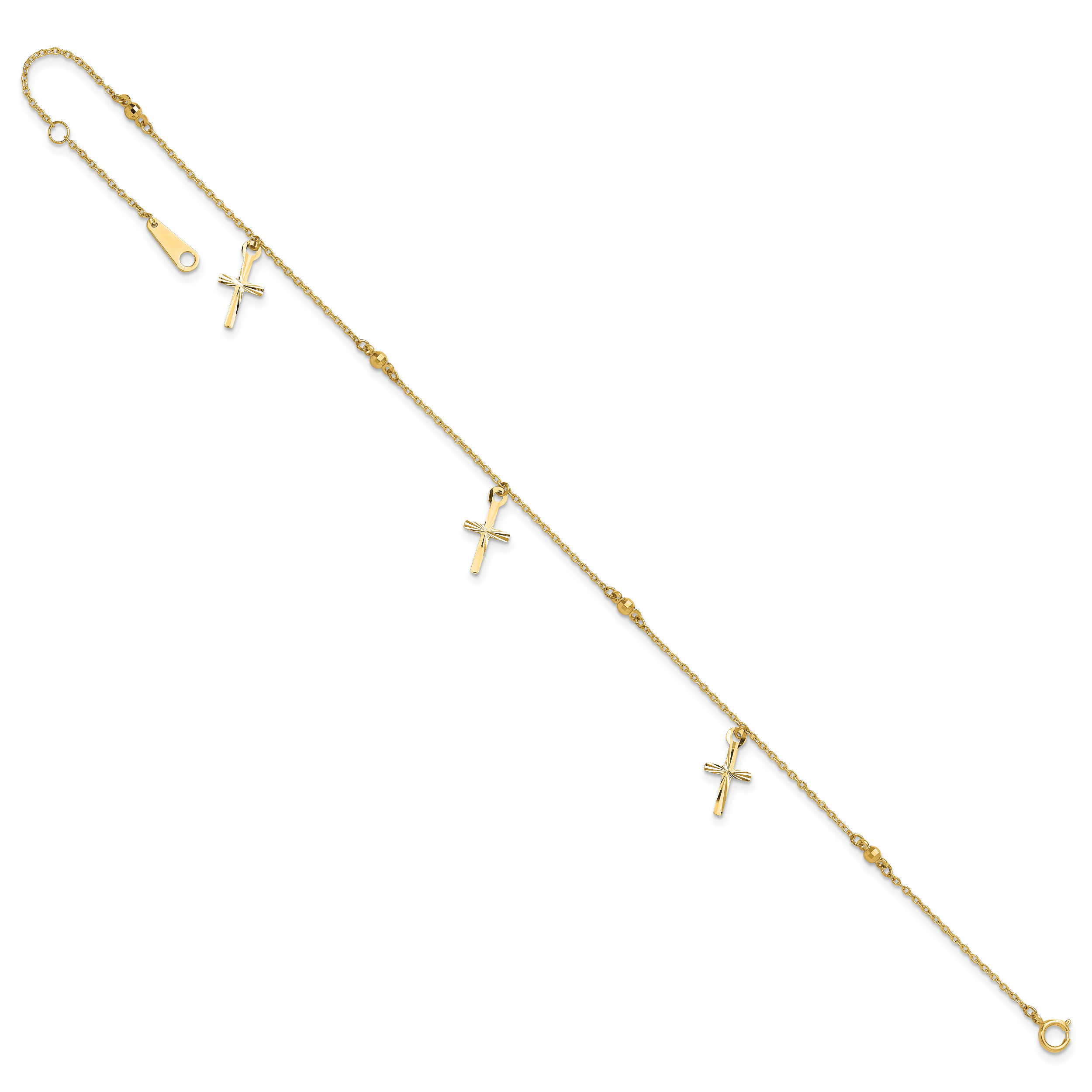14k Diamond-cut 3 Cross Dangles and Beads 9 inch Plus 1 inch Extender - Total 10 inch Anklet ANK267