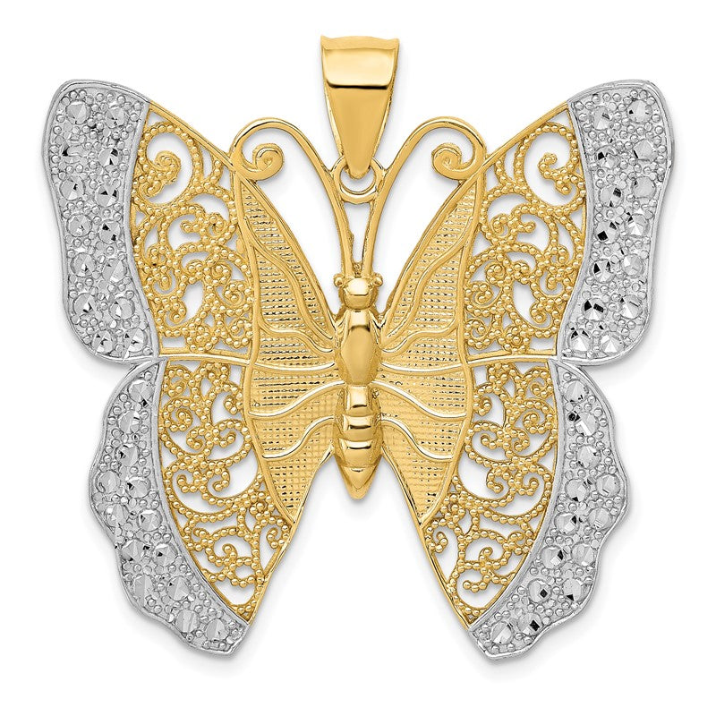 14k and White Rhodium Solid Polished Diamond-cut Filigree Butterfly Pendant D1340