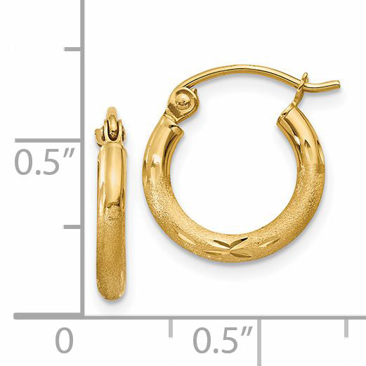 14k 2x13mm Satin Diamond-cut Round Tube Hoop Earrings TC212