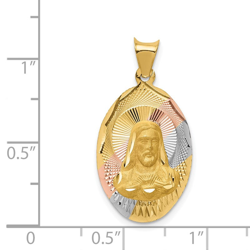 14K with Rose and White Rhodium Diamond-cut Solid Sagrado Corazon de Jesus Oval Pendant K5587