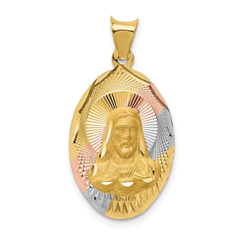 14K with Rose and White Rhodium Diamond-cut Solid Sagrado Corazon de Jesus Oval Pendant K5587