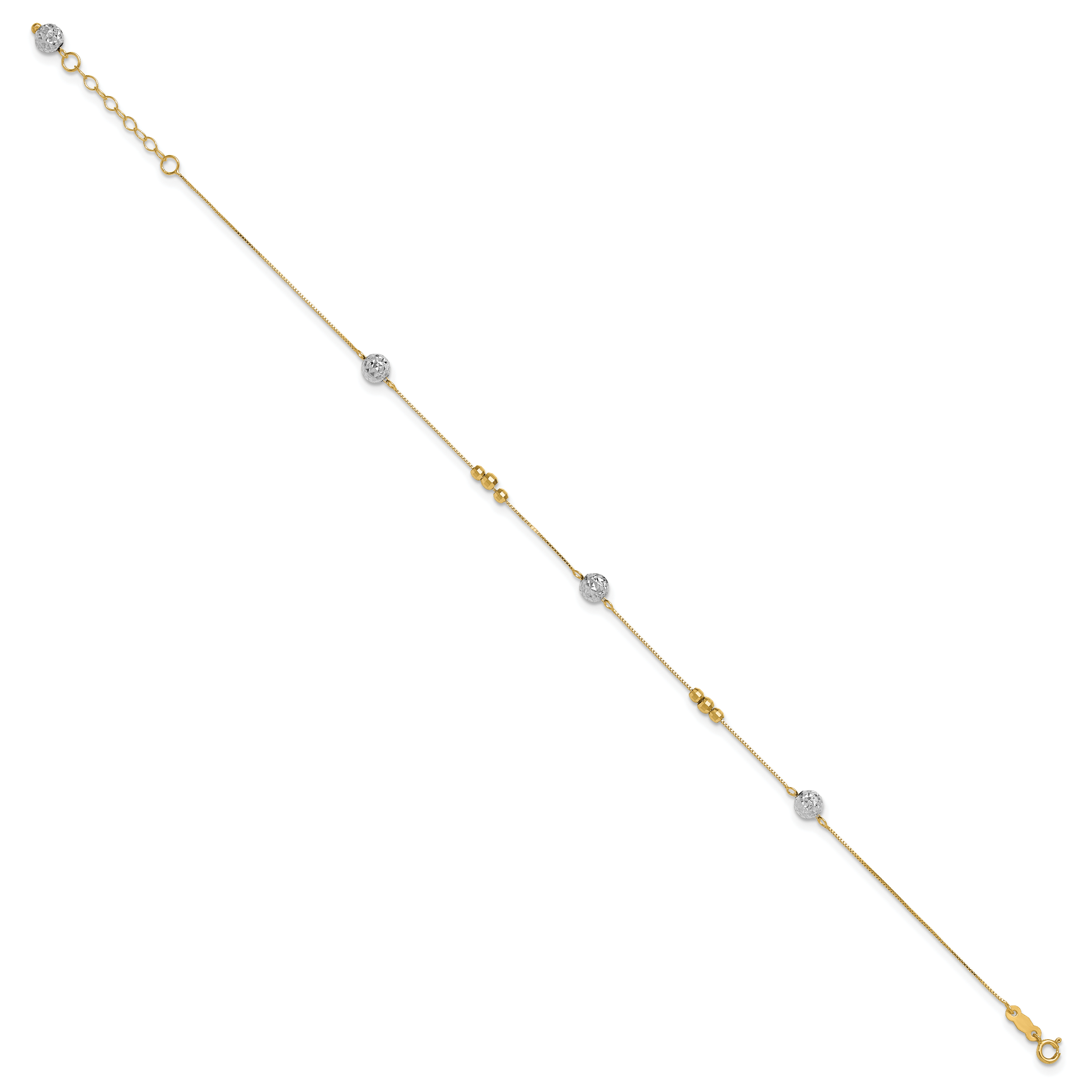 14k Two-tone Textured and Mirror Beads 5-Station 9 inch Plus 1 inch Bead Dangle Extender - Total 10 inch Anklet ANK229