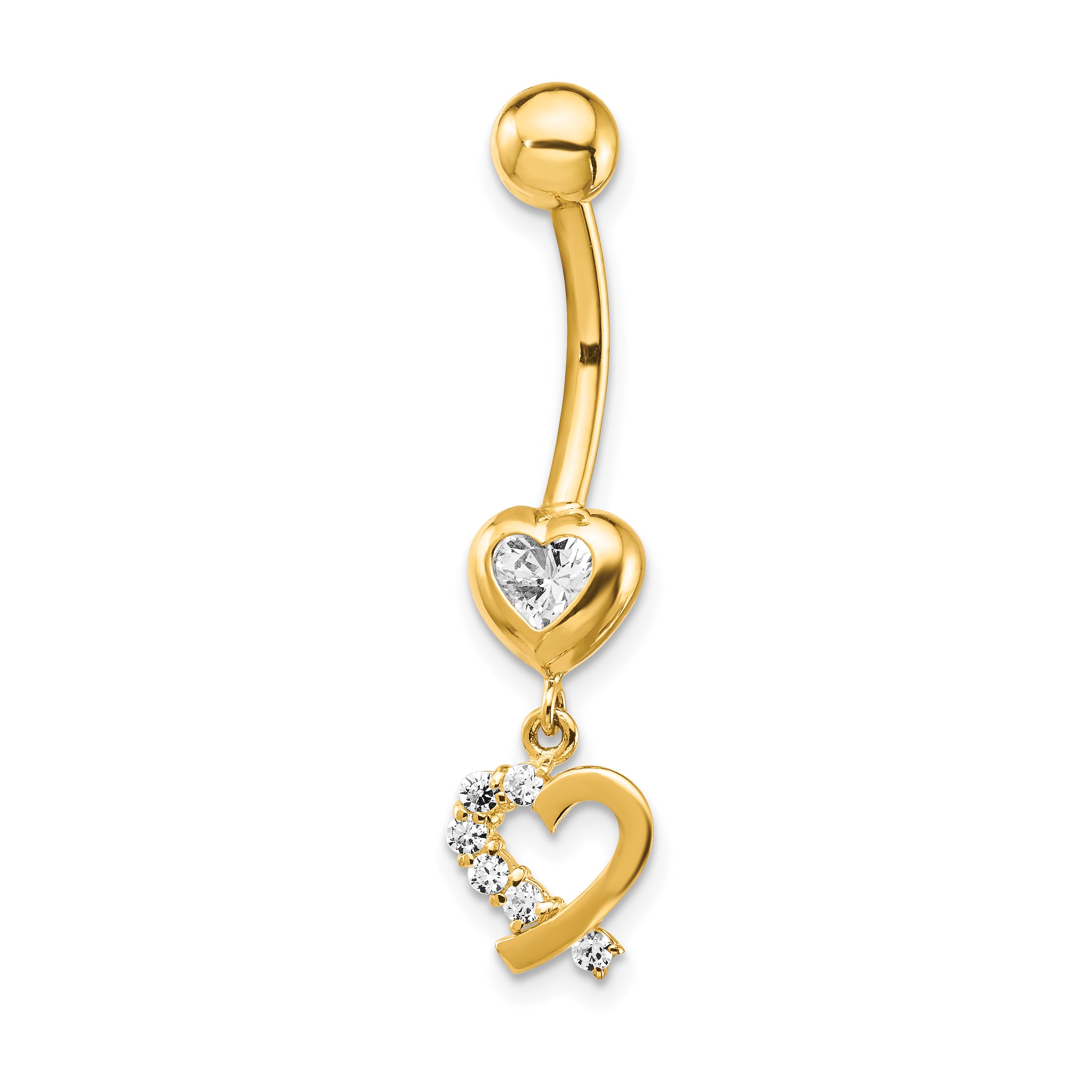 14k 14 Gauge CZ 2-Hearts Dangle Belly Ring BD134