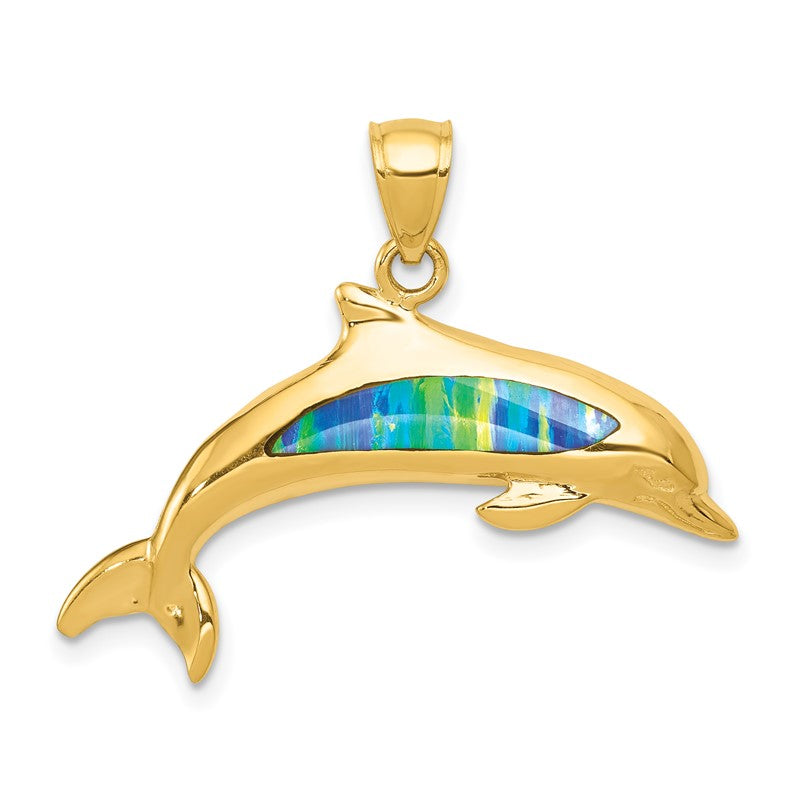 14K Lab Created Opal Dolphin Pendant K3008