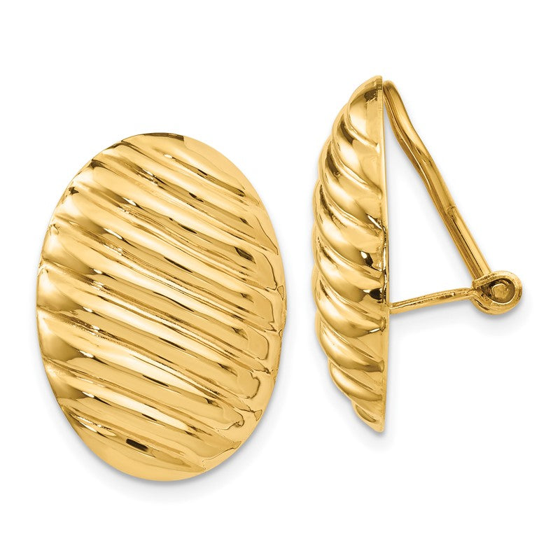 14k 15x21mm Oval Button Polished Striped Omega Back Non-pierced Earrings H742