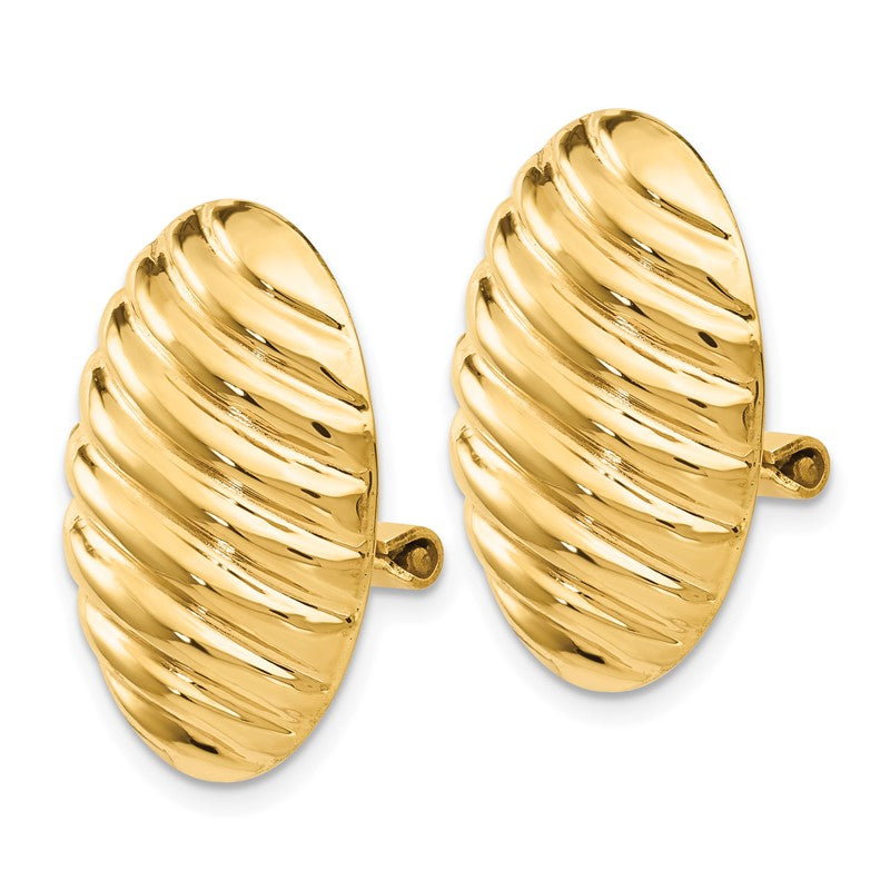 14k 15x21mm Oval Button Polished Striped Omega Back Non-pierced Earrings H742