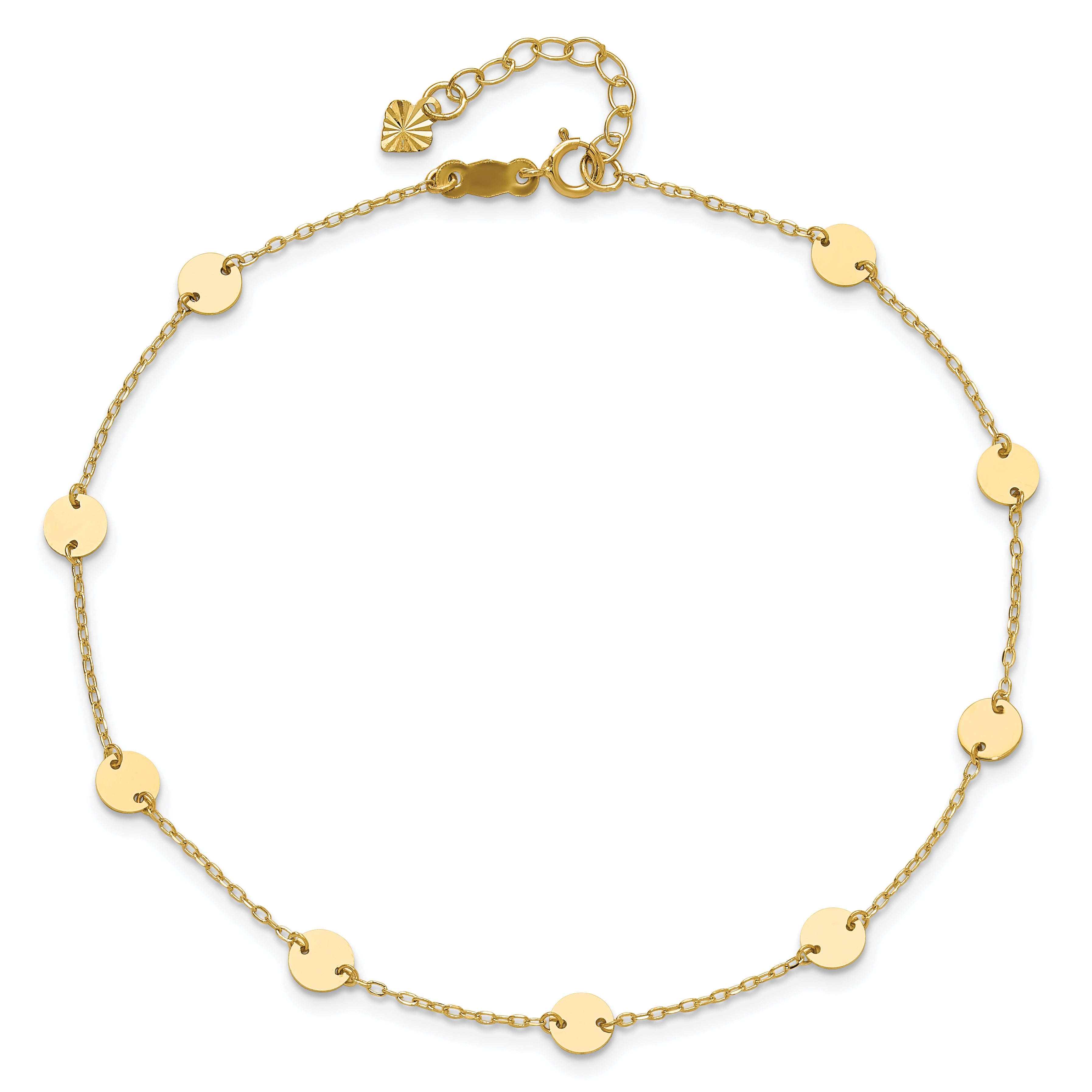 14K Polished Disc 9-Station 9 inch Plus 1 inch Extender - Total 10 inch Anklet ANK195