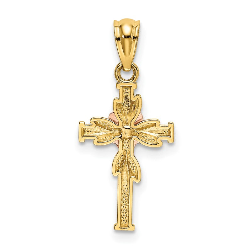 14K Two-tone Polished Diamond-cut Cross with Flower Pendant K6160