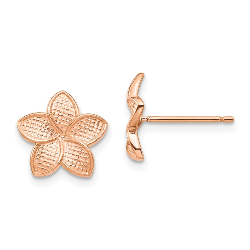 14K Rose Gold Polished and Textured Plumeria Earrings with Yellow Gold Post and Earring Backs TF1561