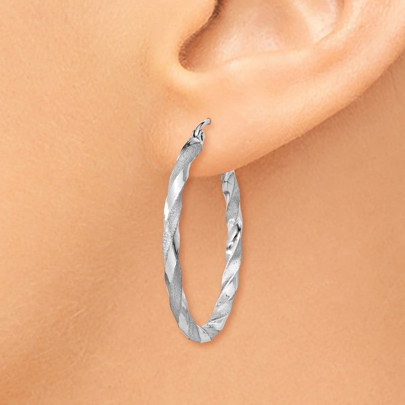 14k White Gold Polished & Satin Twisted Hoop Earrings TF676