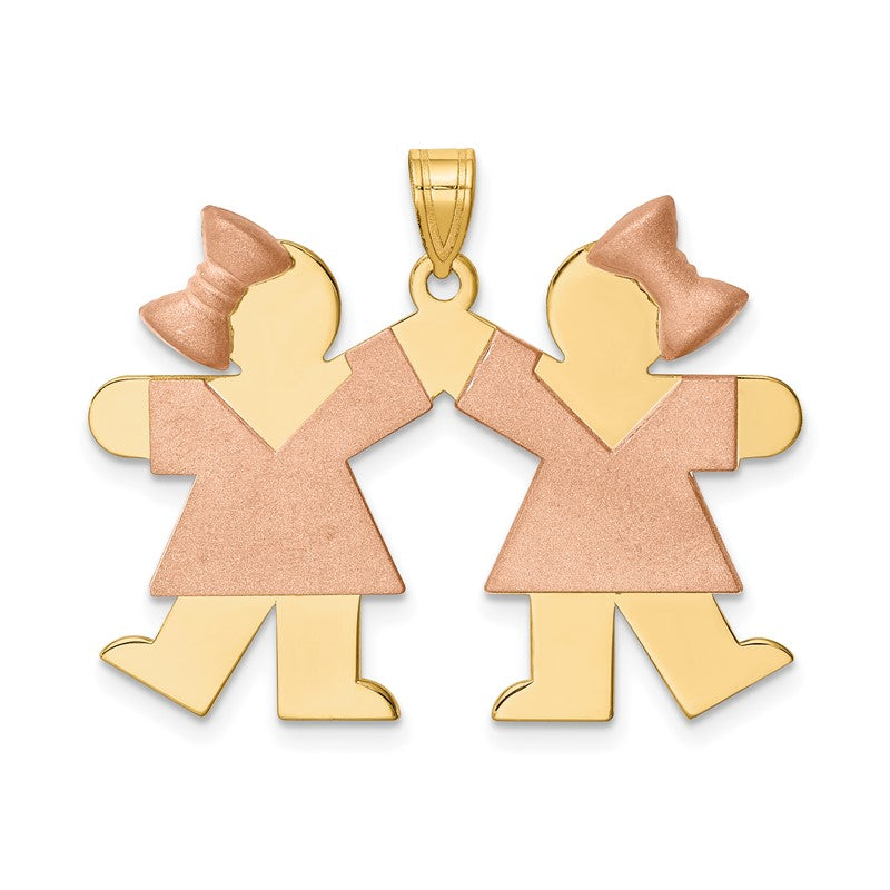 14k Two-tone The Kids Medium Double Girls Engravable Kiss Charm XK422