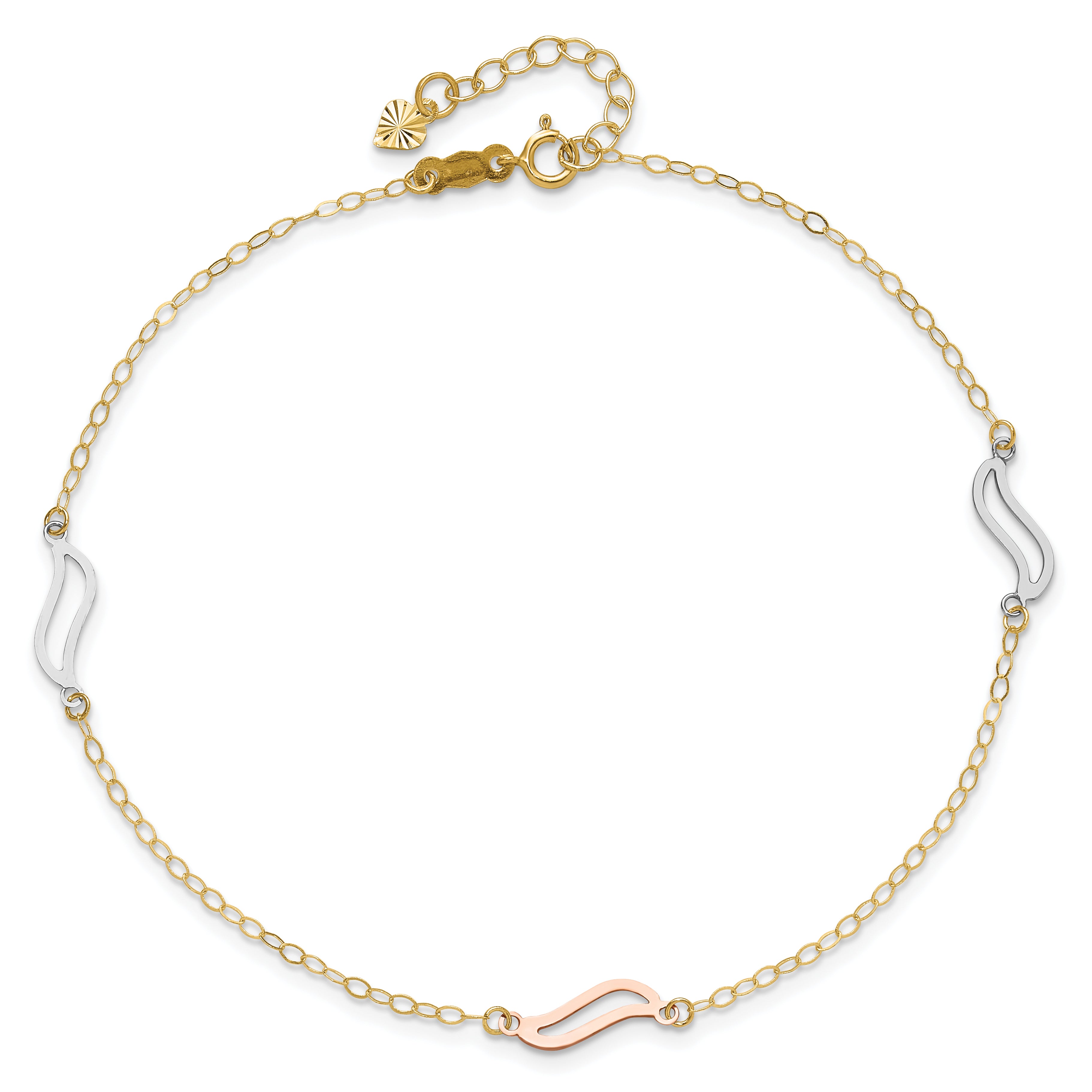 14K Tri-color Open Wavy Links 3-Station 9 inch Plus 1 inch Extender - Total 10 inch Anklet ANK268