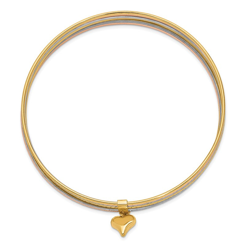 14K Oversize Tri-color Polished and Textured with Dangle Heart 7-Strand 11.00mm Slip-on Round Bangle Bracelet DB536O