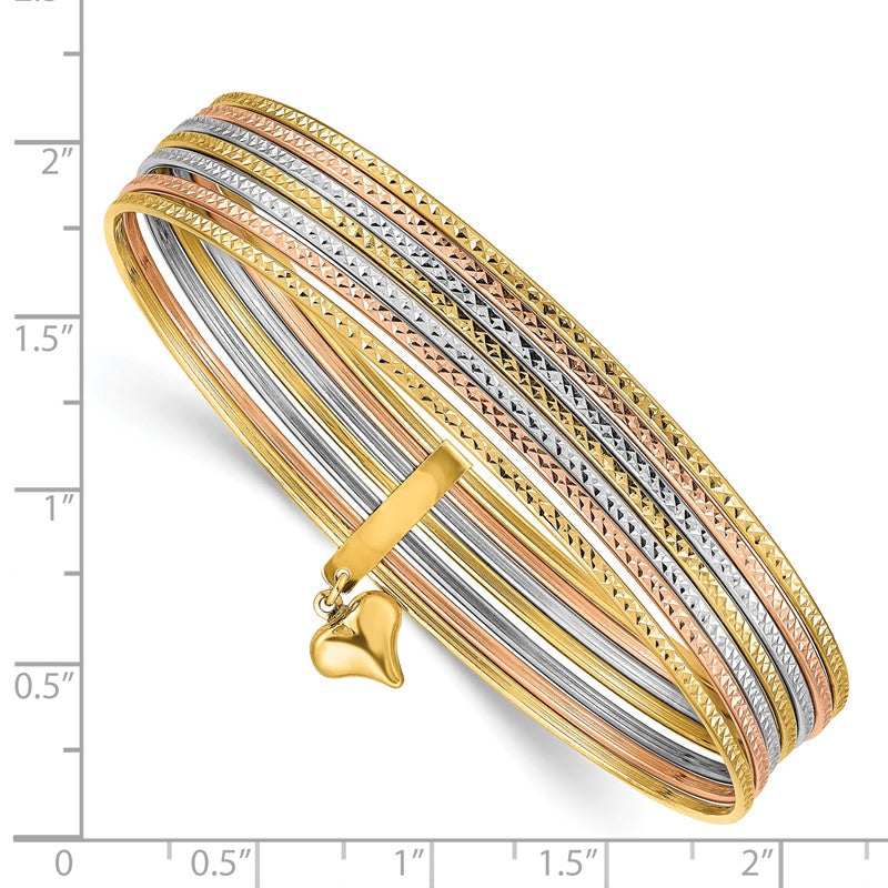 14K Oversize Tri-color Polished and Textured with Dangle Heart 7-Strand 11.00mm Slip-on Round Bangle Bracelet DB536O