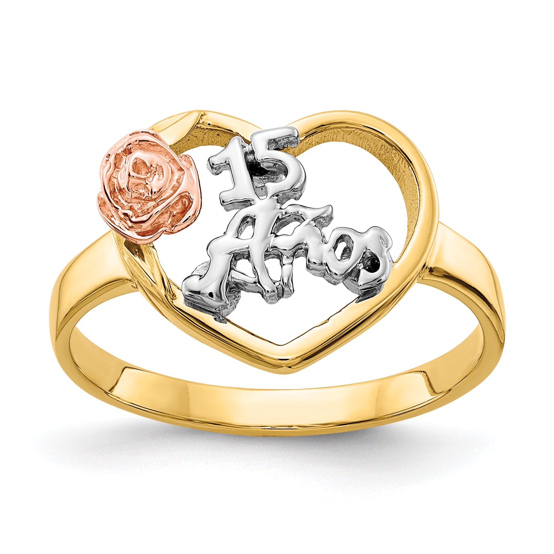 14k Tri-Color Quinceanera 15 ANOS in Heart with Flower Ring K642