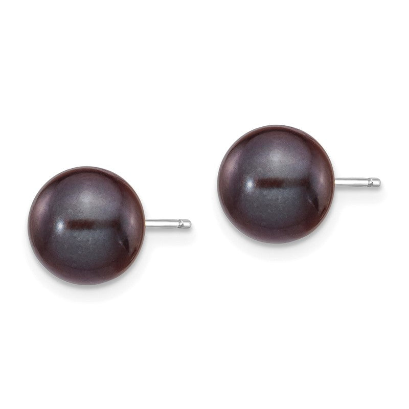 14k White Gold 8-9mm Black Round Freshwater Cultured Pearl Stud Post Earrings XW80PB
