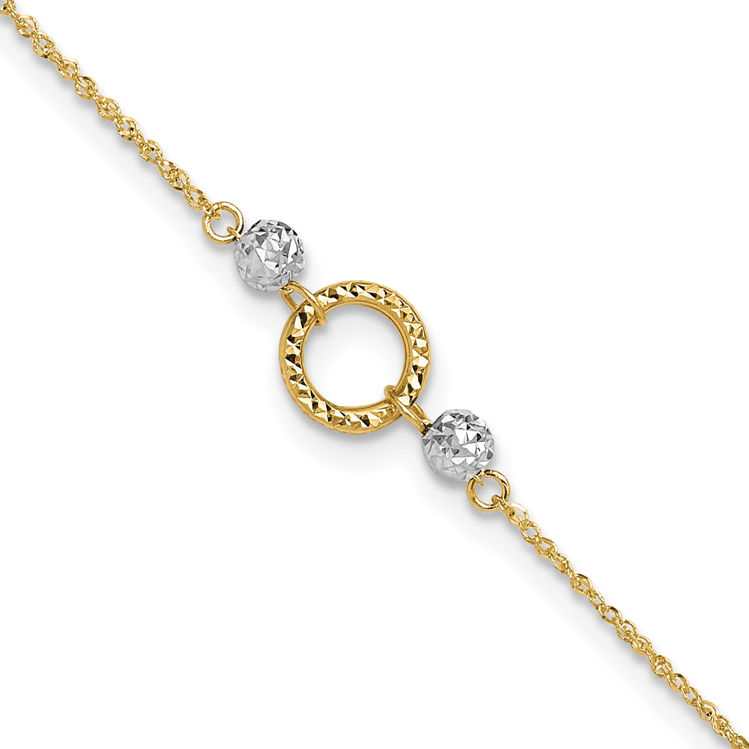14k Two-tone Circle and Diamond-cut Beads 9 inch Plus 1 inch Bead Dangle Extender - Total 10 inch Anklet ANK228