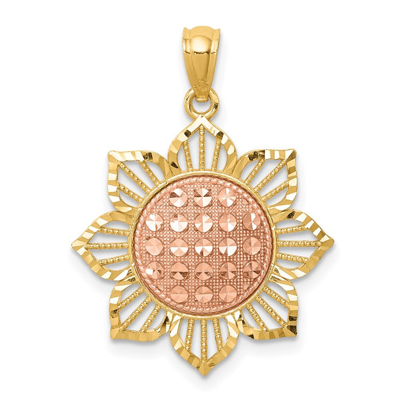 14K Two-Tone Diamond-cut Sunflower Pendant C4569