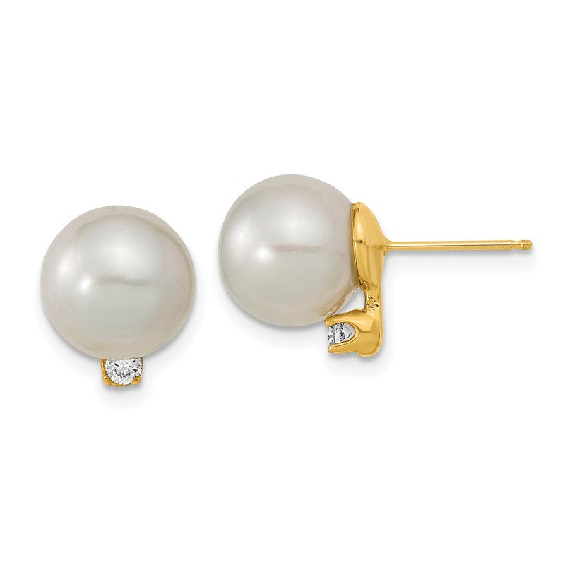 14k 9-10mm White Round South Sea Saltwater Cultured Pearl and .10 Carat Diamond Post Earrings XF470E