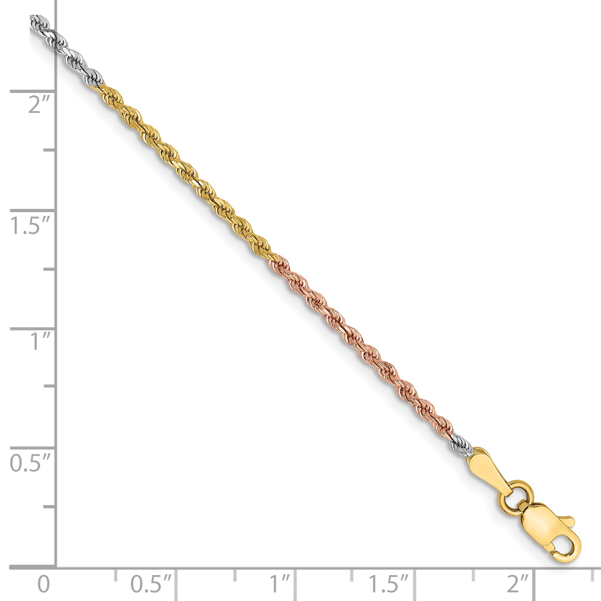 14K Tri-colored 10 inch 1.75mm Diamond-cut Rope with Lobster Clasp Anklet 014TC