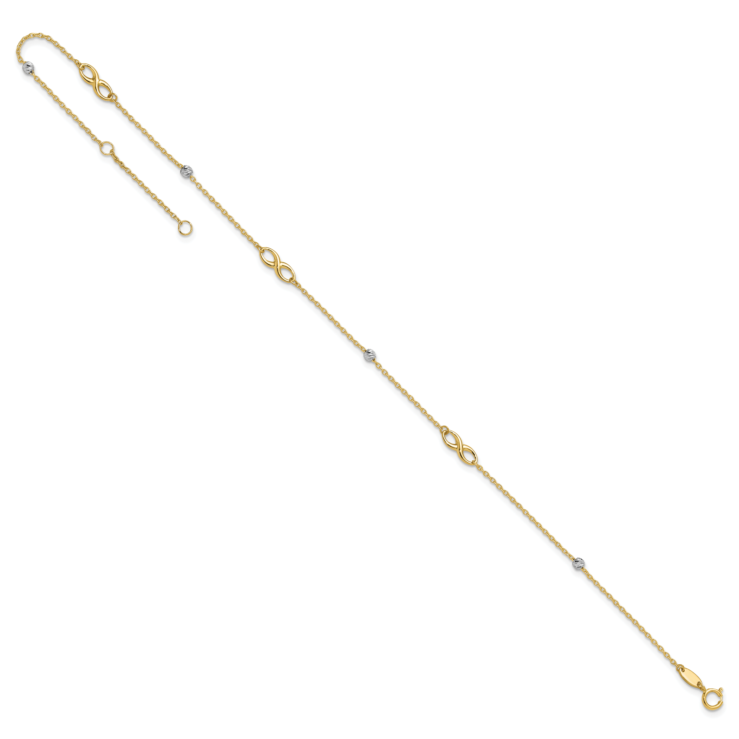 14K Two-Tone Diamond-cut Beads and Infinity 10 inch Plus 1 inch Extender - Total 11 inch Anklet ANK301
