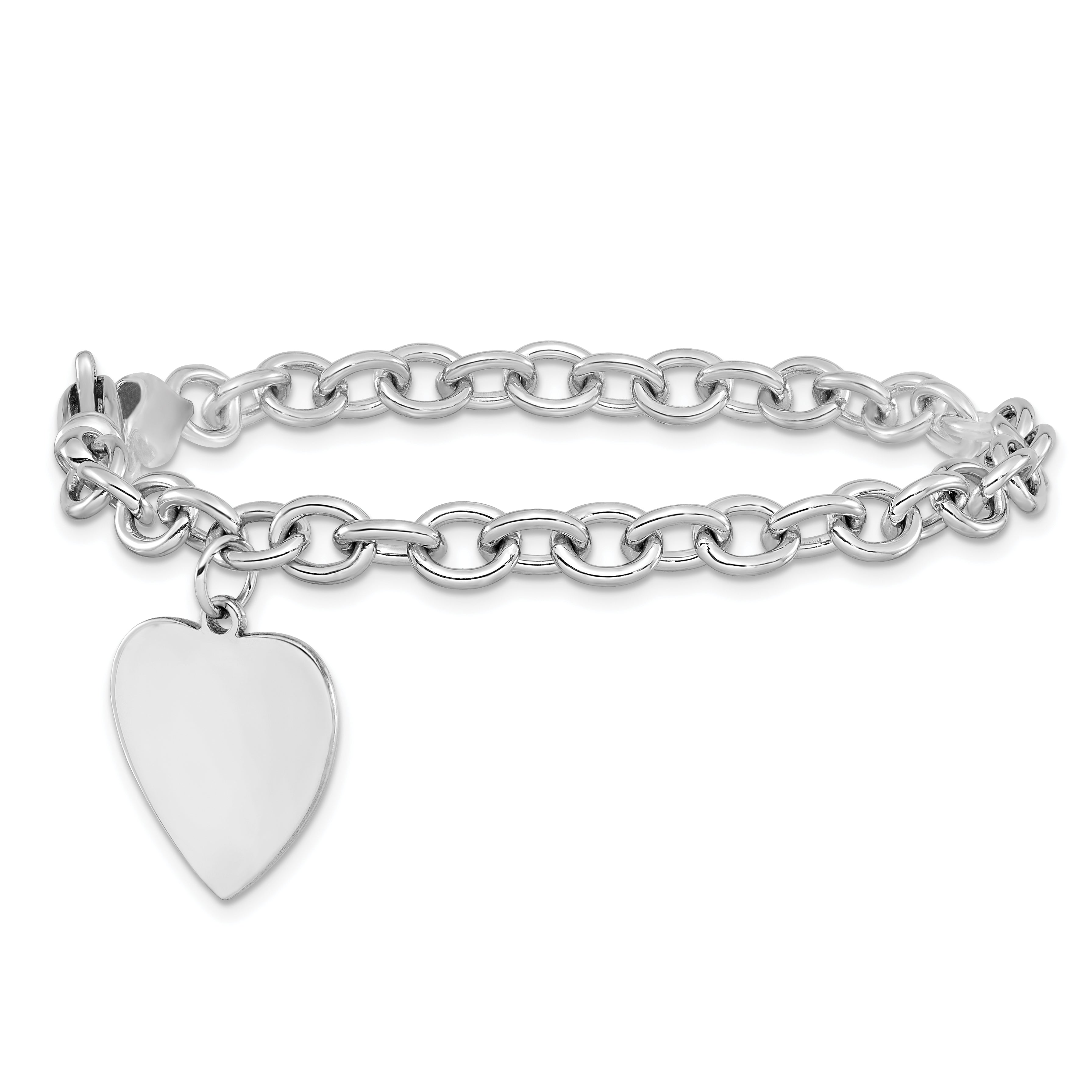 14k White Gold Engravable 23x17mm Solid Dangle Heart Charm and Solid Polished Link 7.5 inch Bracelet WLK313