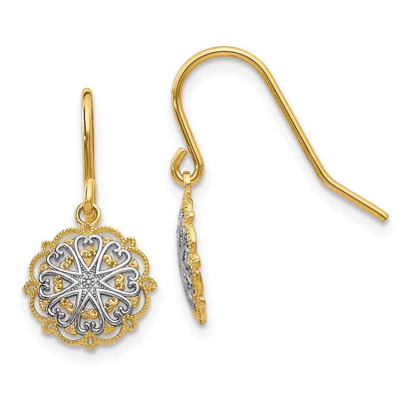 14k and White Rhodium Polished and Textured Medallion Dangle French Hook Earrings TM739