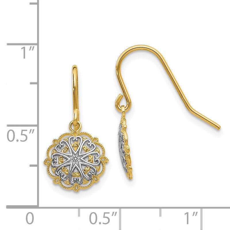 14k and White Rhodium Polished and Textured Medallion Dangle French Hook Earrings TM739