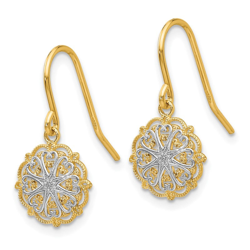 14k and White Rhodium Polished and Textured Medallion Dangle French Hook Earrings TM739