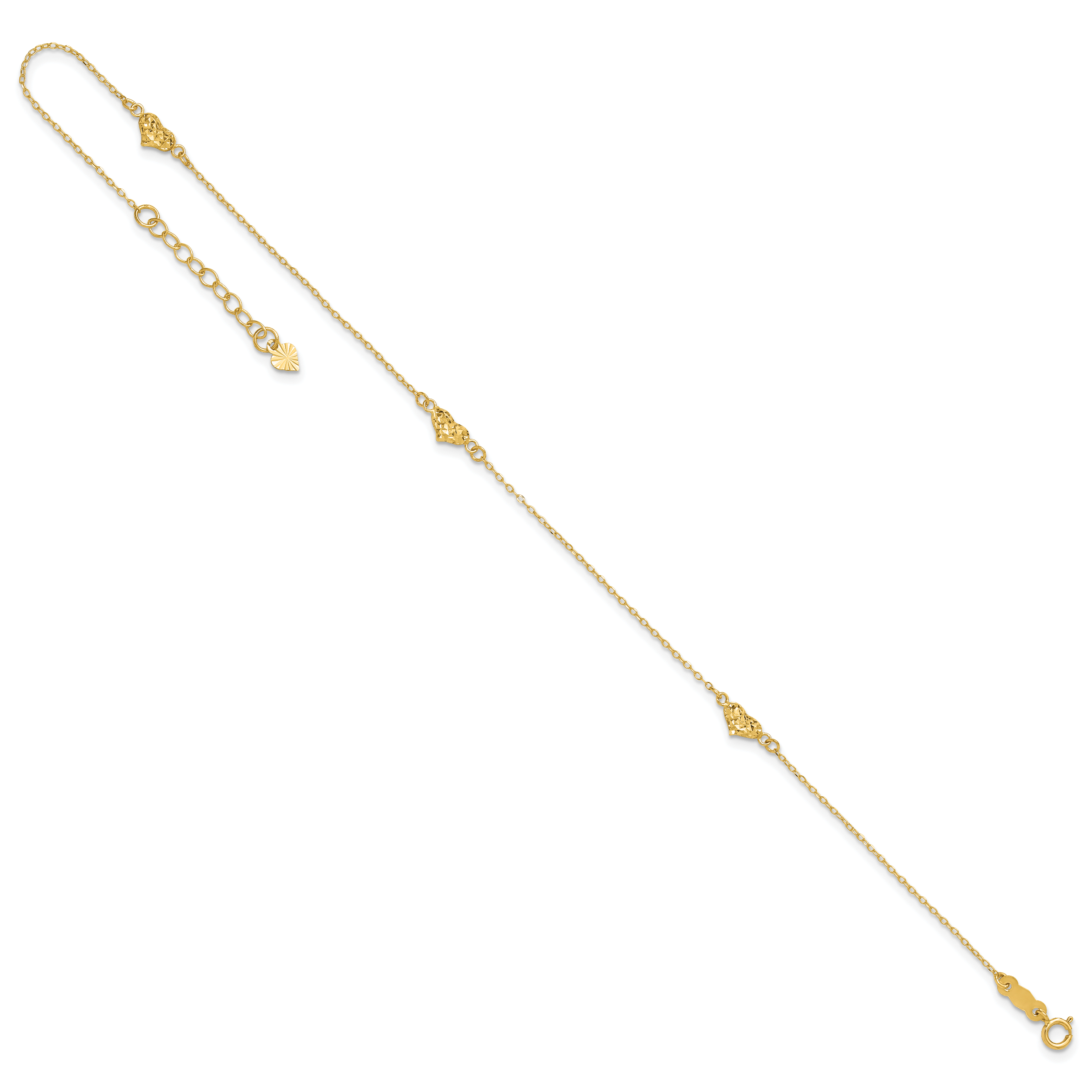 14k Polished Diamond-cut Triple Puffed Hearts 9 inch Plus 1 inch Extender - Total 10 inch Anklet ANK287