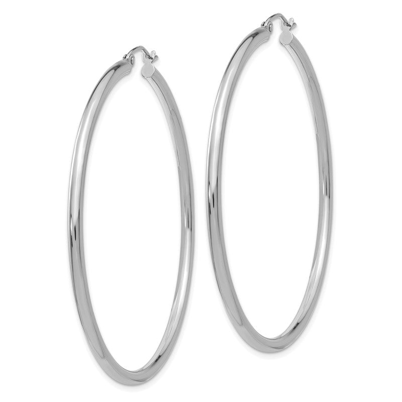 14K White Gold 2.5x55mm Polished Round Tube Hoop Earrings T843