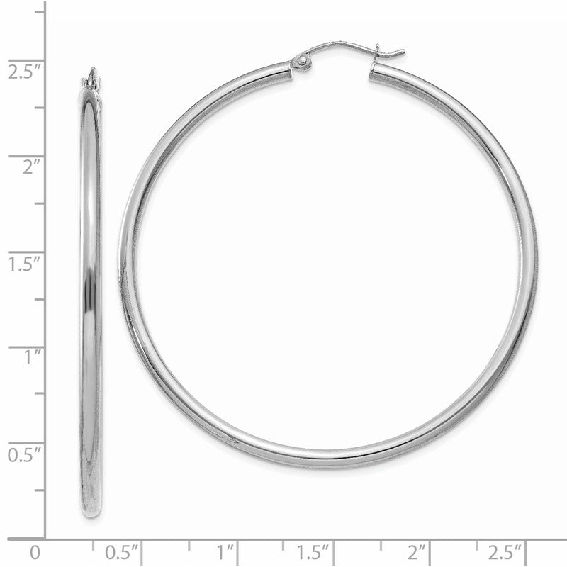 14K White Gold 2.5x55mm Polished Round Tube Hoop Earrings T843