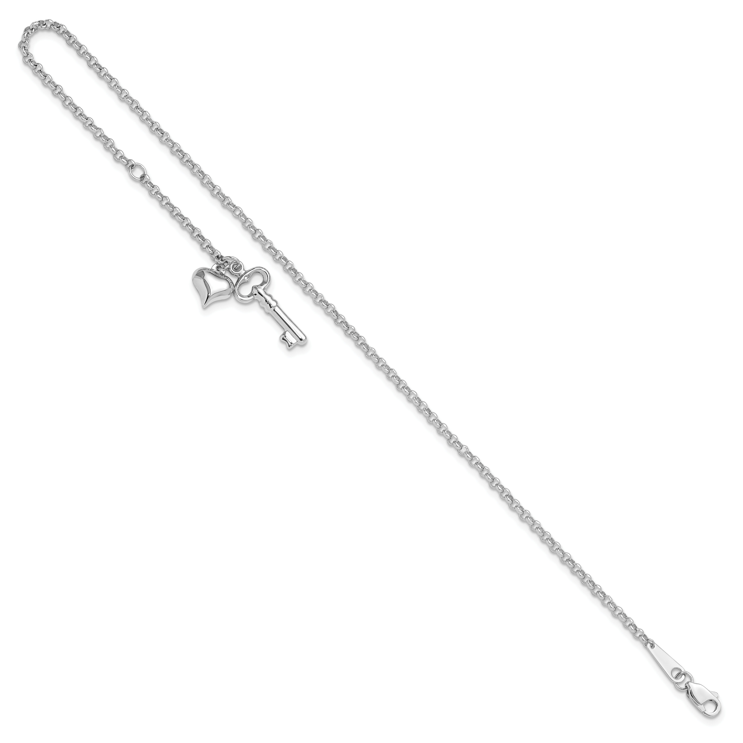14k White Gold Cable Chain with Puffed Heart and Key Dangle 9 inch Plus 1 inch Extender - Total 10 inch Anklet ANK45