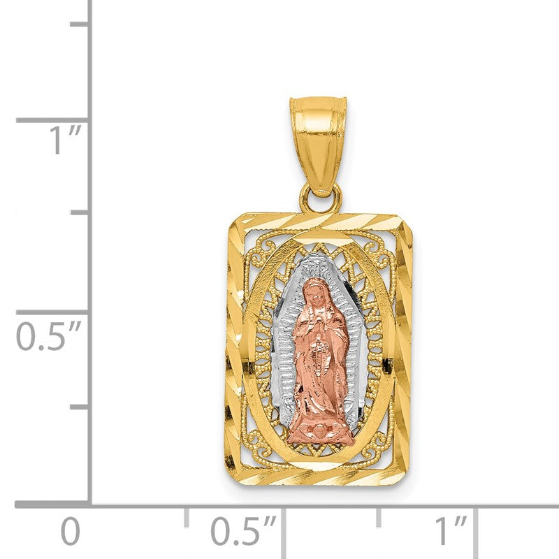 14k Two-tone with White Rhodium Diamond-cut Our Lady of Guadalupe Rectangular Pendant K6350