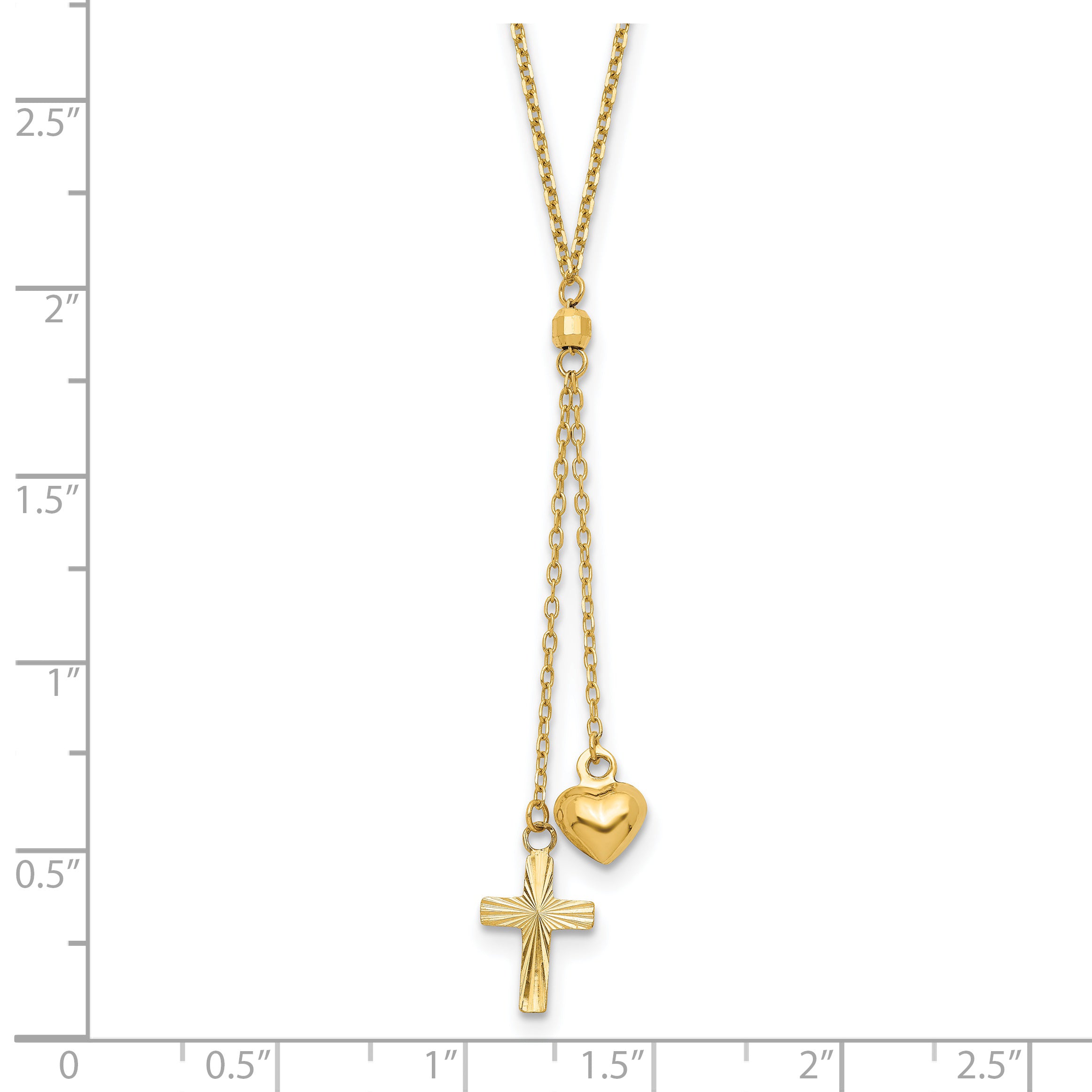 14K Puffed Heart and Diamond-cut Cross 16 inch Y-Necklace Plus 2 inch Extender SF2288