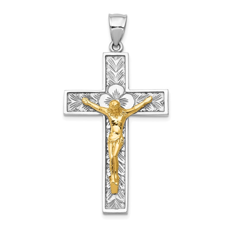 14k Two-tone Crucifix with Flower Center Pendant D347