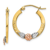 14K Yellow & Rose Gold w/ Rhodium Diamond Cut Flower Hoop Earrings TL745