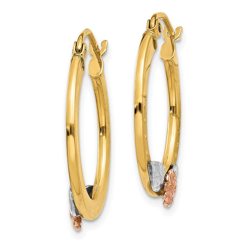 14K Yellow & Rose Gold w/ Rhodium Diamond Cut Flower Hoop Earrings TL745