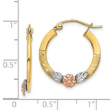14K Yellow & Rose Gold w/ Rhodium Diamond Cut Flower Hoop Earrings TL745