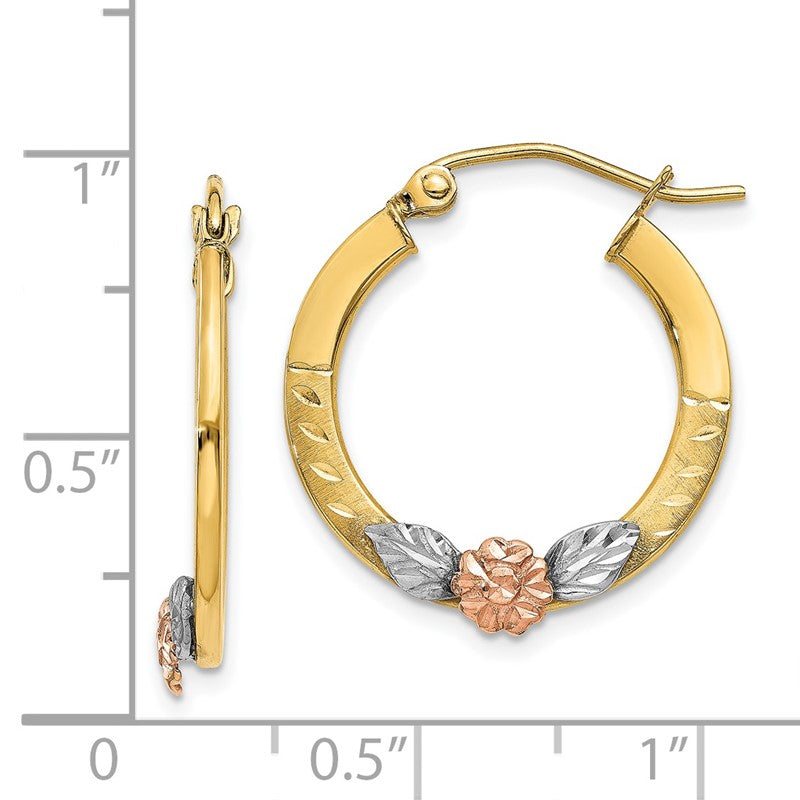 14K Yellow & Rose Gold w/ Rhodium Diamond Cut Flower Hoop Earrings TL745