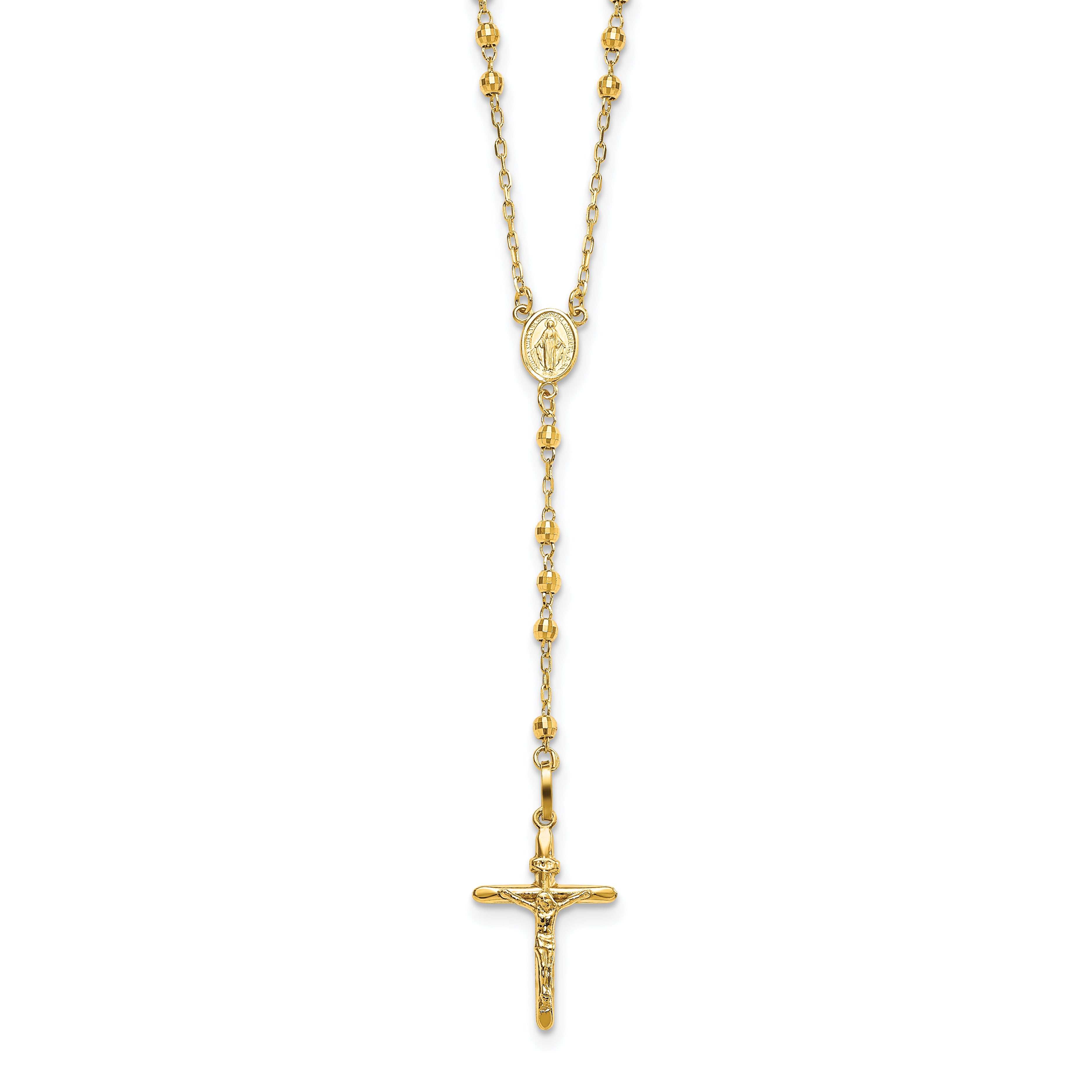 14k Polished Crucifix and Miraculous Medal with 3mm Mirror Beads Semi-solid 24 inch Rosary Necklace SF2065
