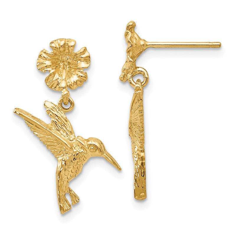 14k Hummingbird Dangles from Flower Post Earrings TC624