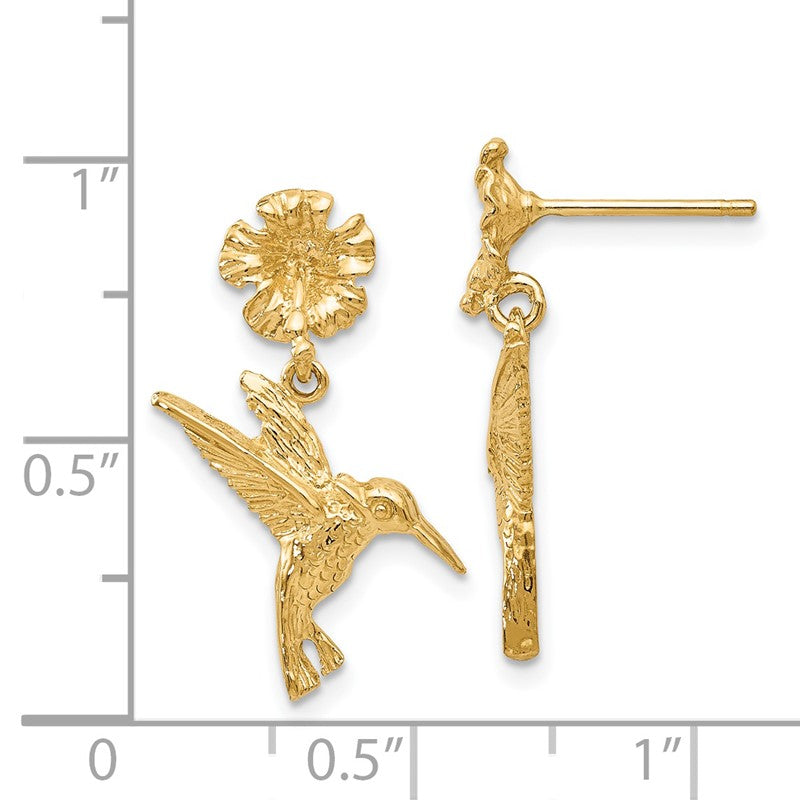 14k Hummingbird Dangles from Flower Post Earrings TC624