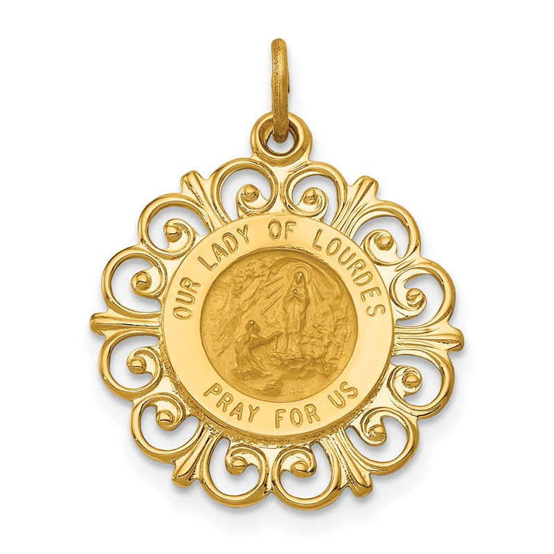 14k Polished and Satin Solid Our Lady of Lourdes Medal Scalloped Edge Round Pendant XR649