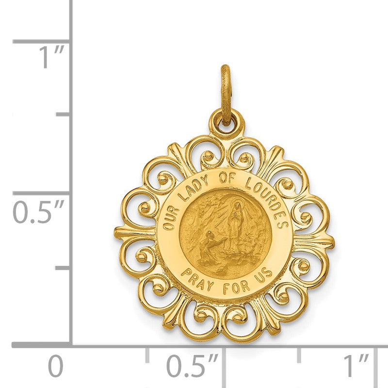 14k Polished and Satin Solid Our Lady of Lourdes Medal Scalloped Edge Round Pendant XR649