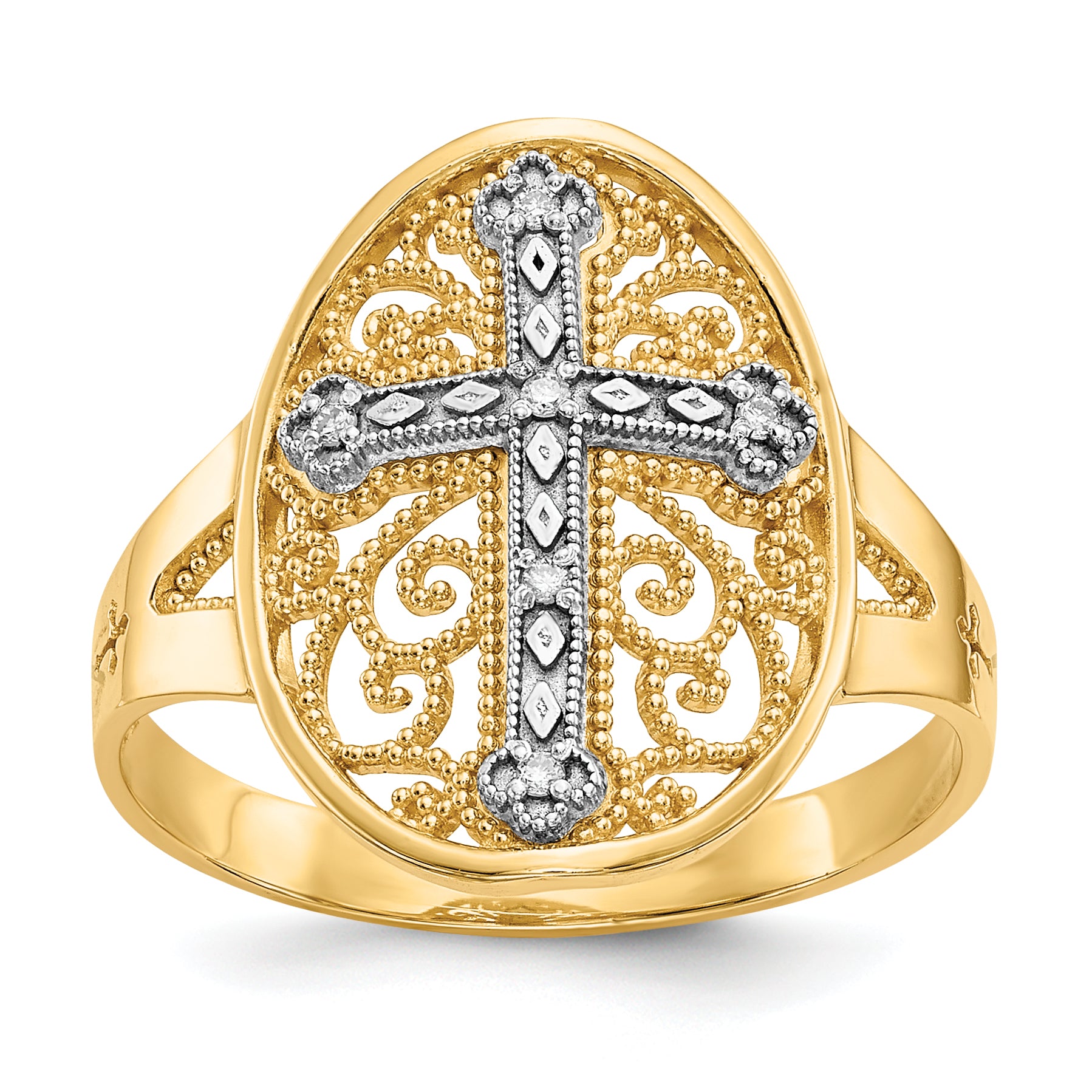 14k Two-tone Diamond Cross in Filigree Oval Ring K5120