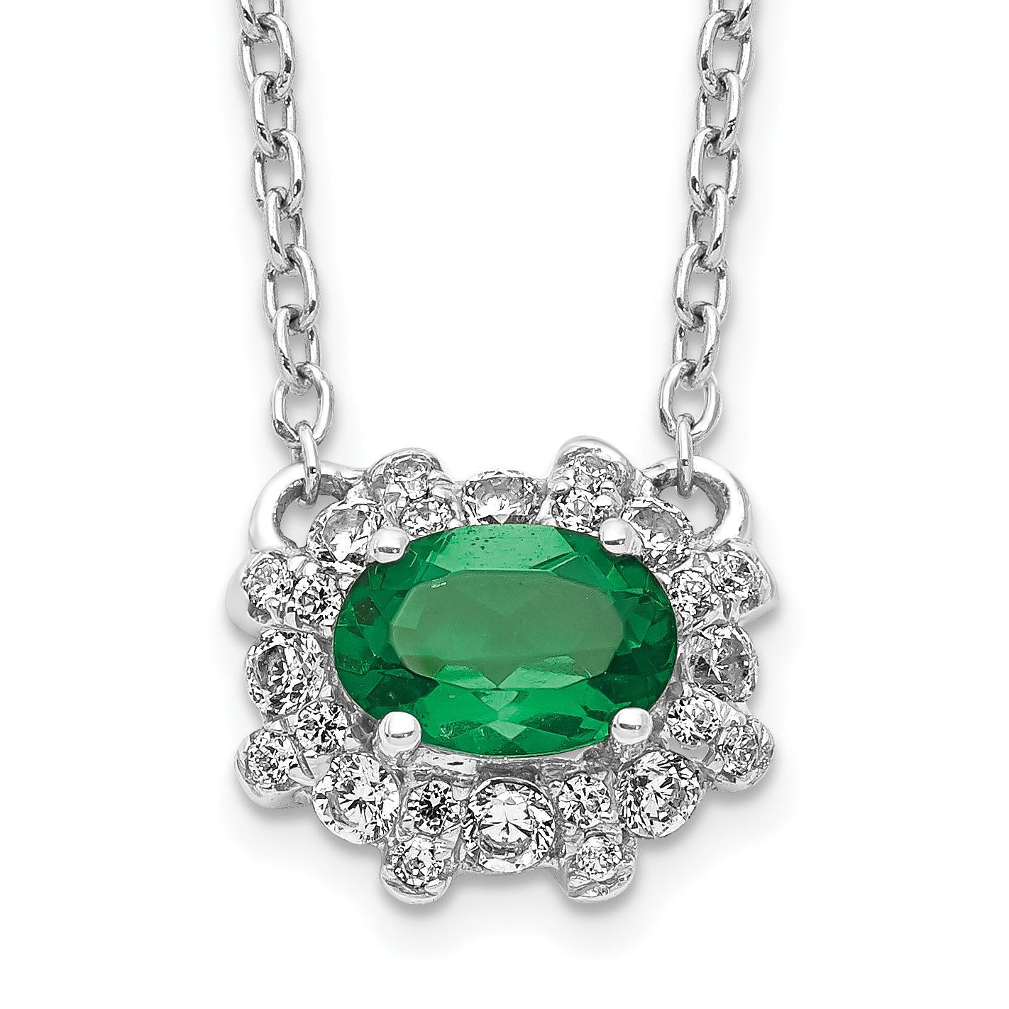 14k White Gold Diamond and Oval Emerald Fancy East-West 18 inch Necklace PM4025