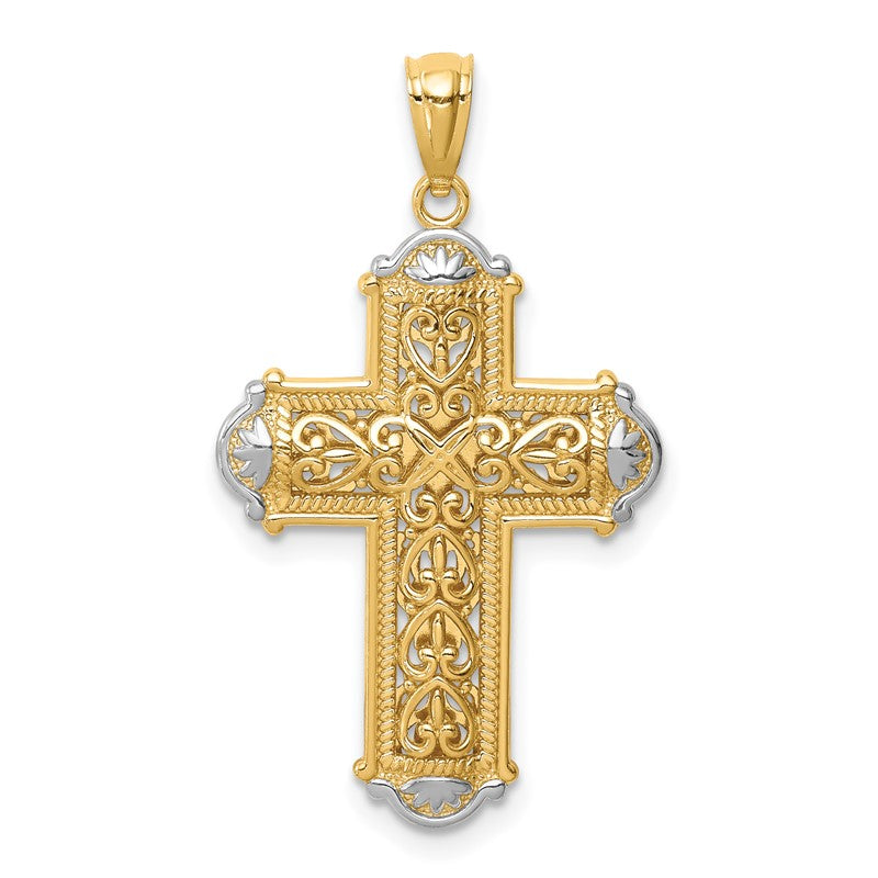14K and White Rhodium Diamond-cut Reversible Cross Pendant C4699