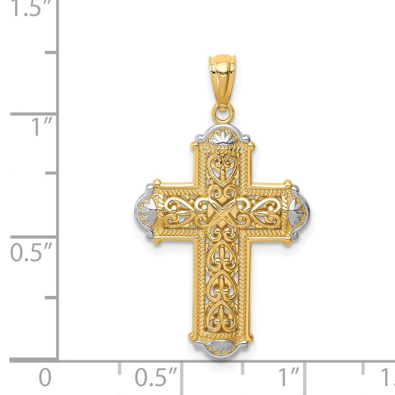 14K and White Rhodium Diamond-cut Reversible Cross Pendant C4699